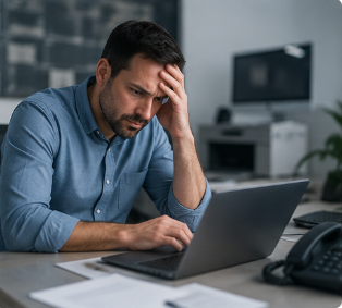 Business employee experiencing computer technology problems