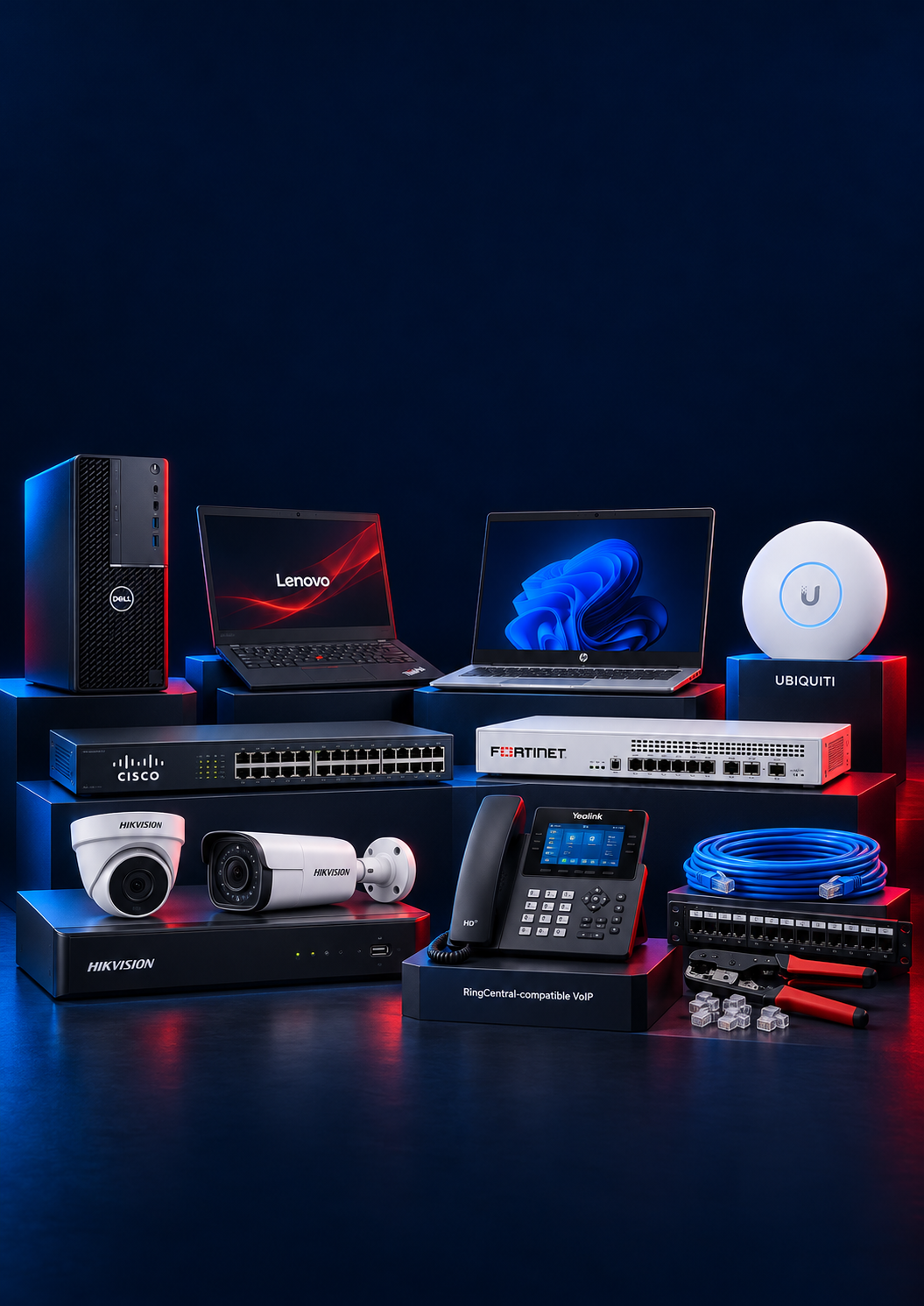 Illustrative computers, networking equipment, CCTV cameras, NVR, VoIP phone and cabling tools